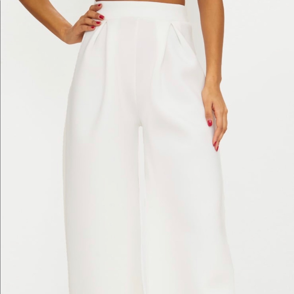 White Scuba Pleated Wide Leg Pants